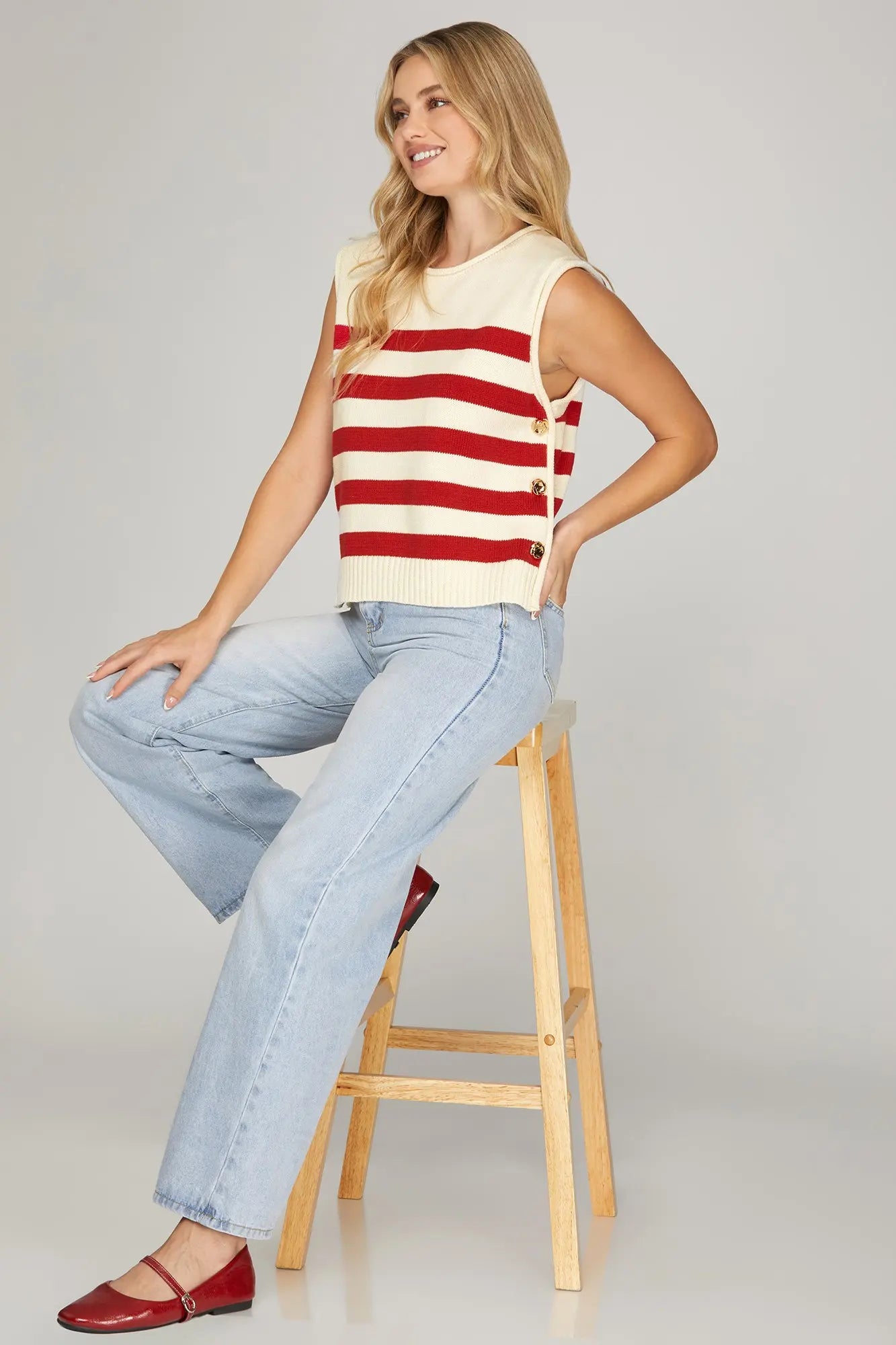 Sleeveless Striped Sweater with Side Gold Buttons image 1