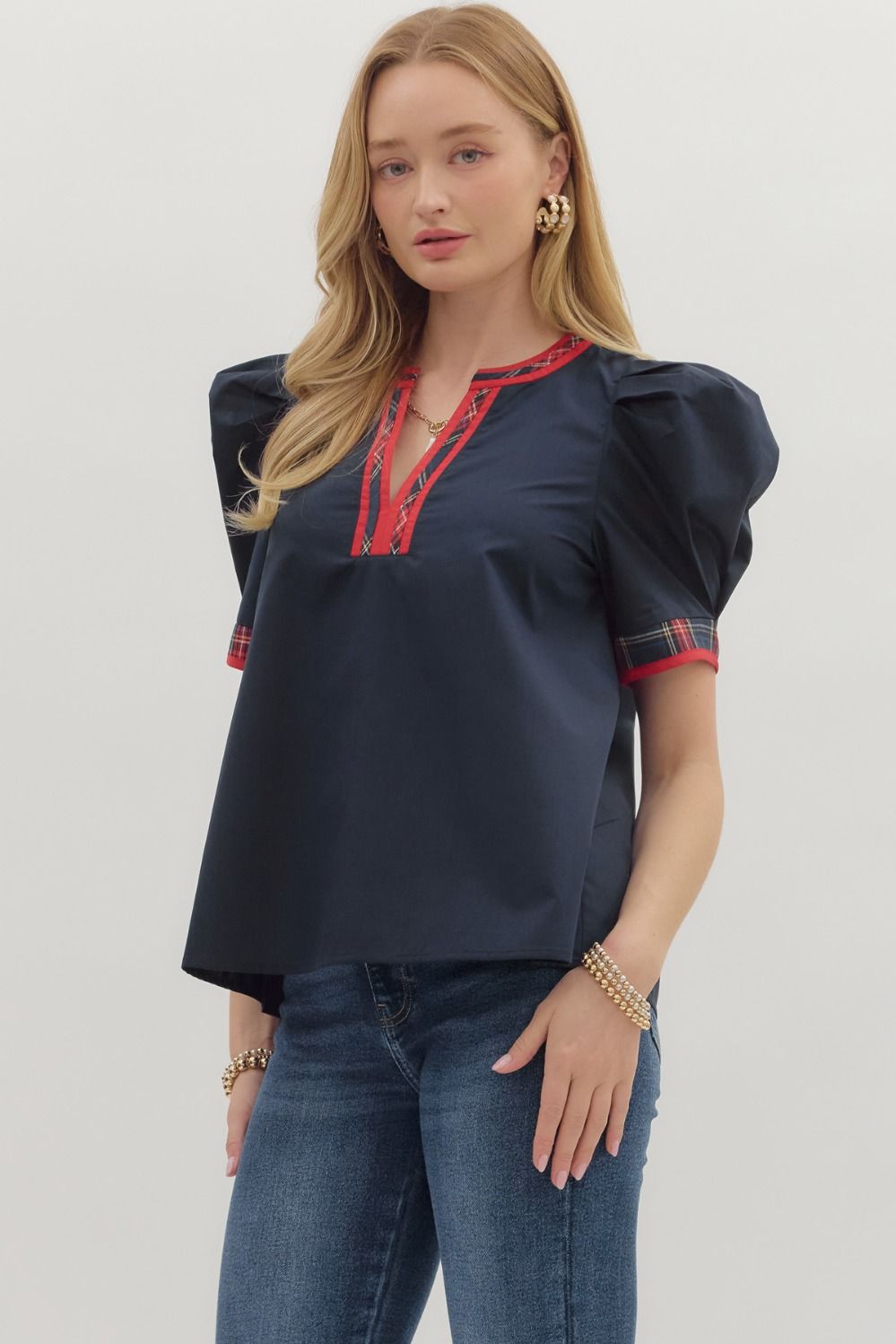 Navy Solid Top with Plaid VNeck Band image 2