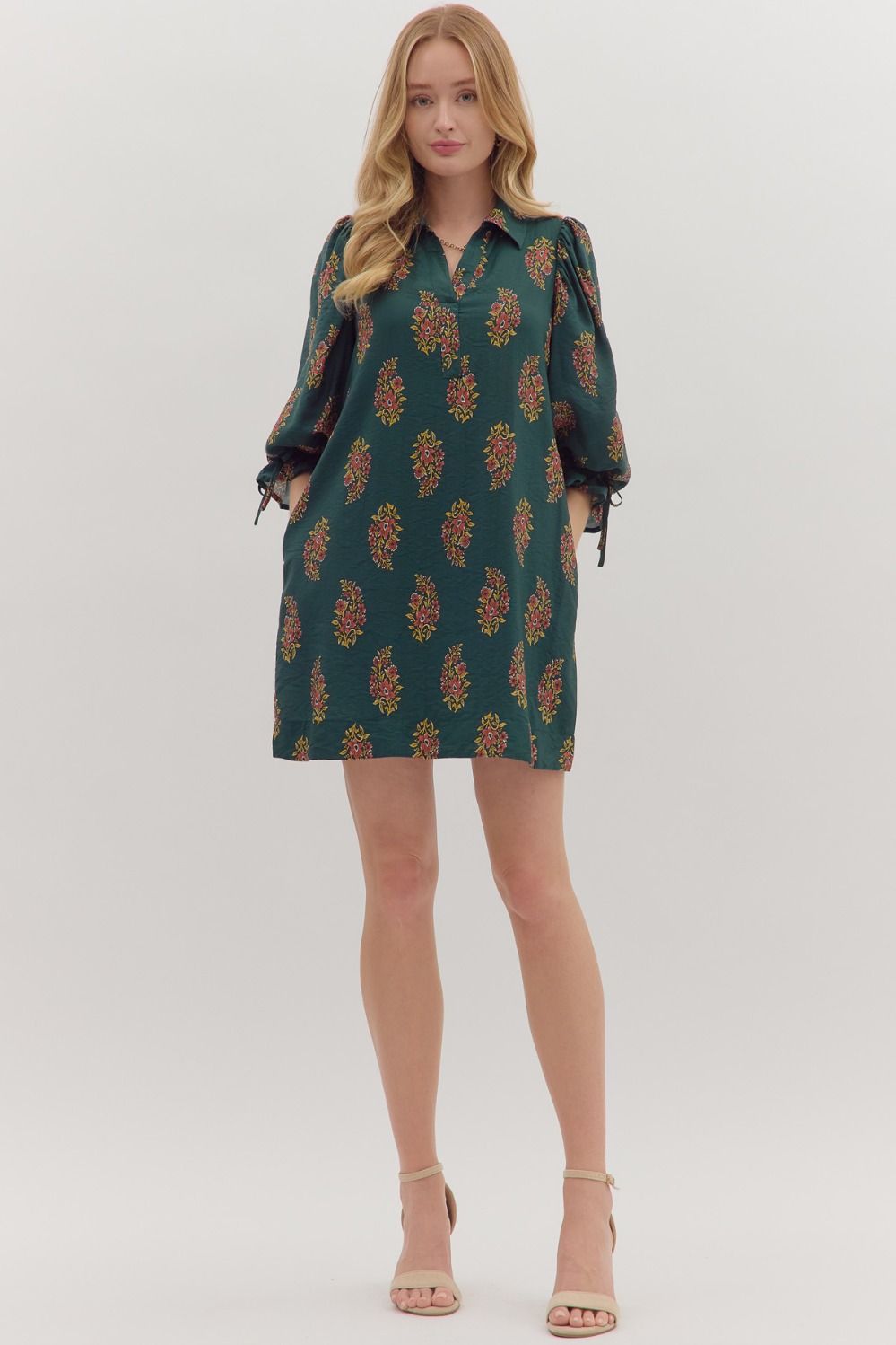 H Green Floral Puff Sleeve Mini Dress image 0