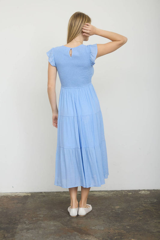 TIERED SMOCKED SHORT SLEEVE MIDI DRESS