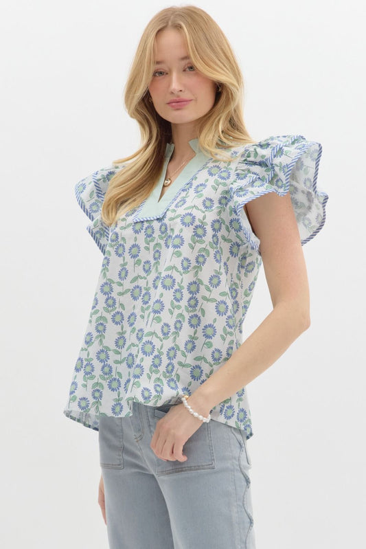 Floral Print V-neck Top with Ribbon Detail image 1