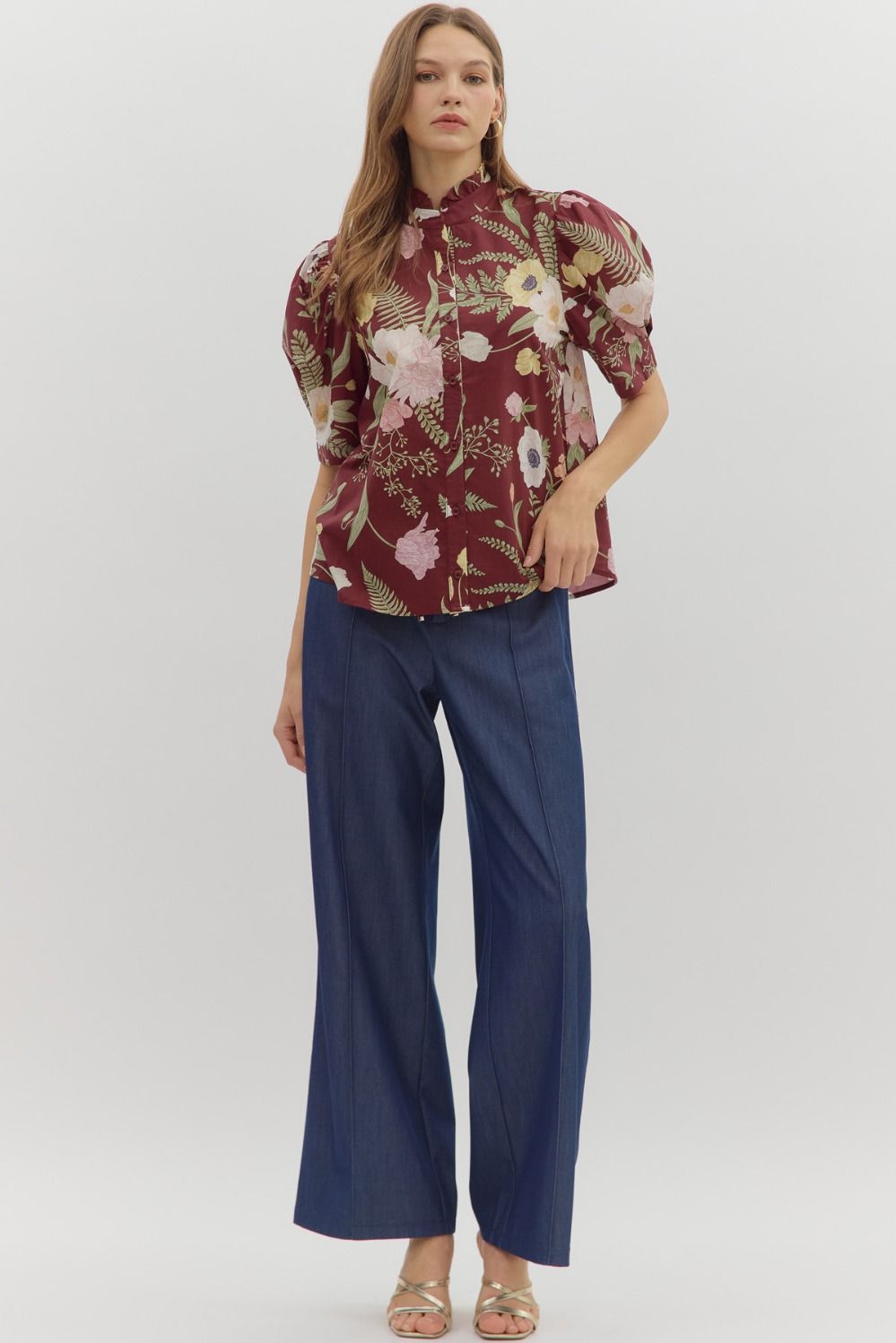 Merlot Floral Ruffled Neck Top image 1