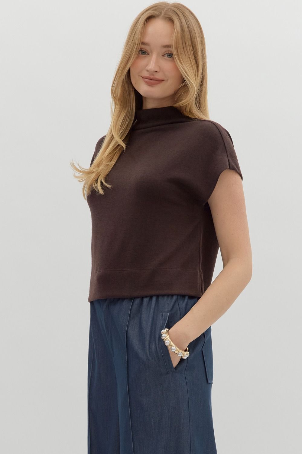 Brown Mock Neck Pullover Top image 2