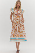 Cream Floral Print Flutter Sleeve Midi Dress image 0