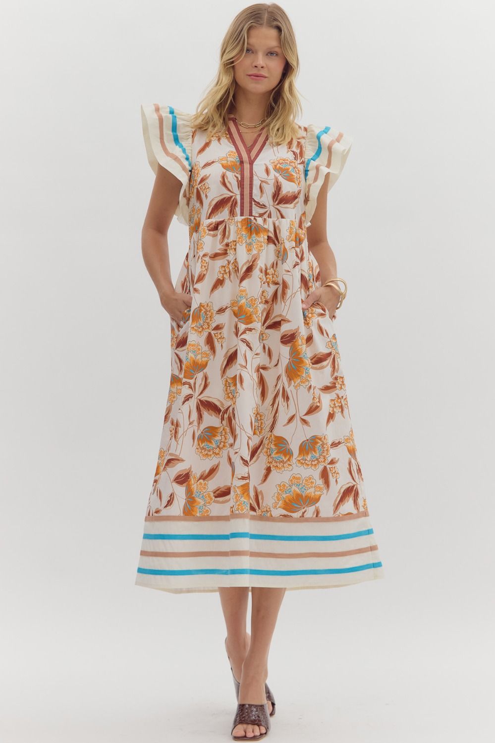 Cream Floral Print Flutter Sleeve Midi Dress image 0