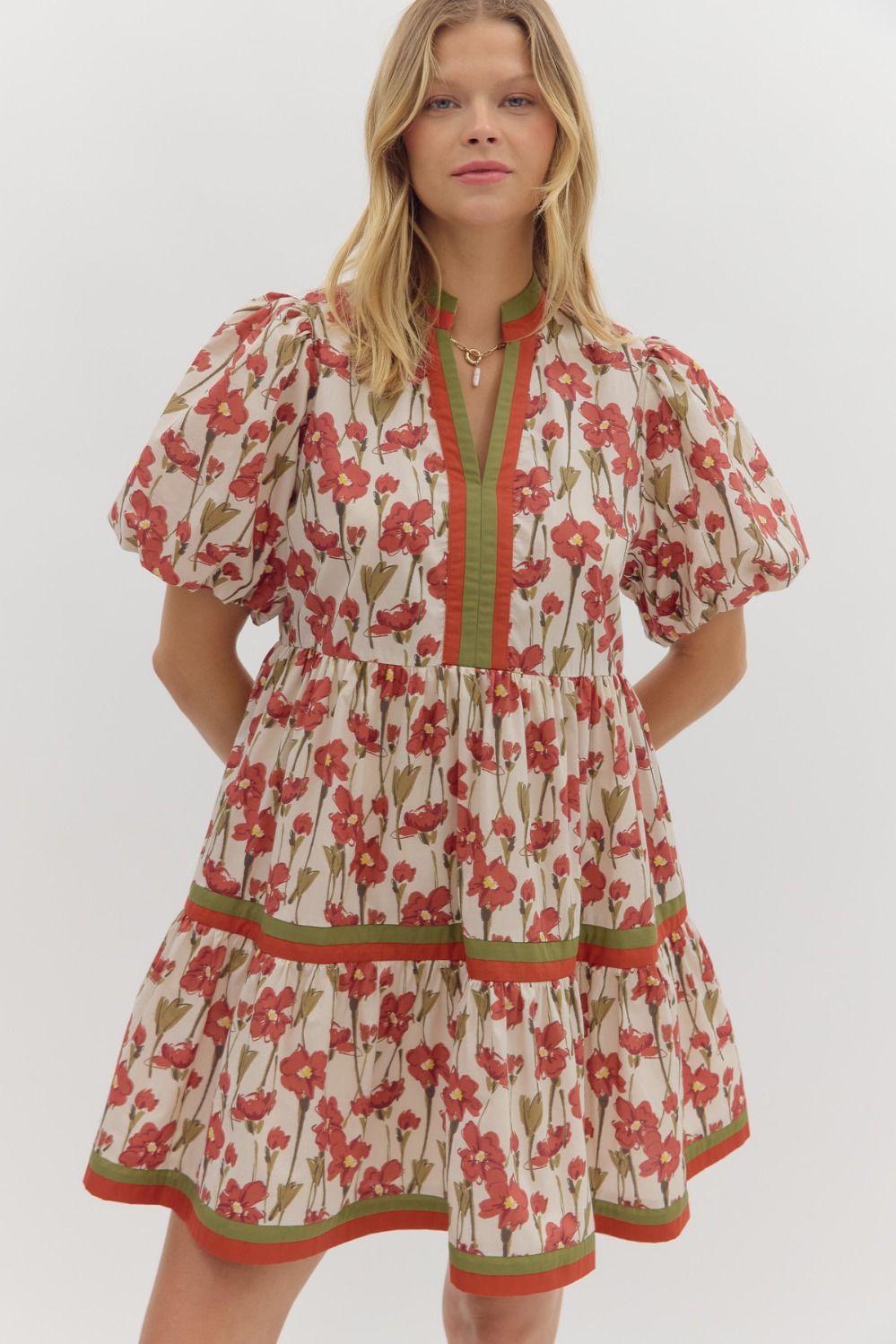 Rust & Olive Floral Print Tiered Mini Dress image 3