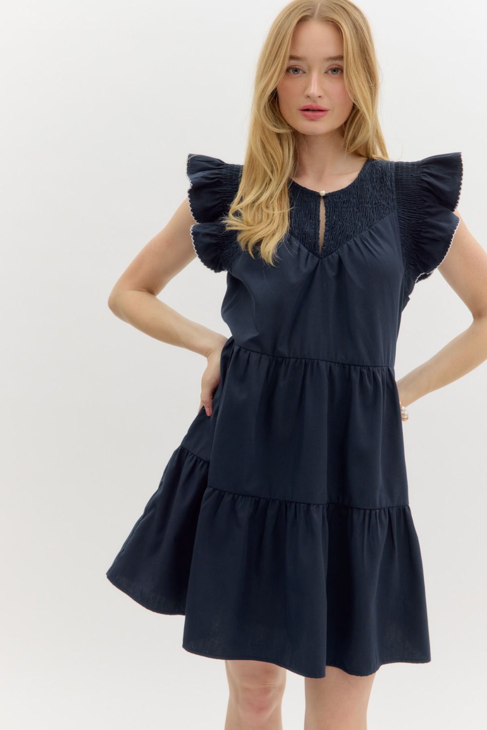 Navy Smocked Flutter Sleeve Mini Dress image 3