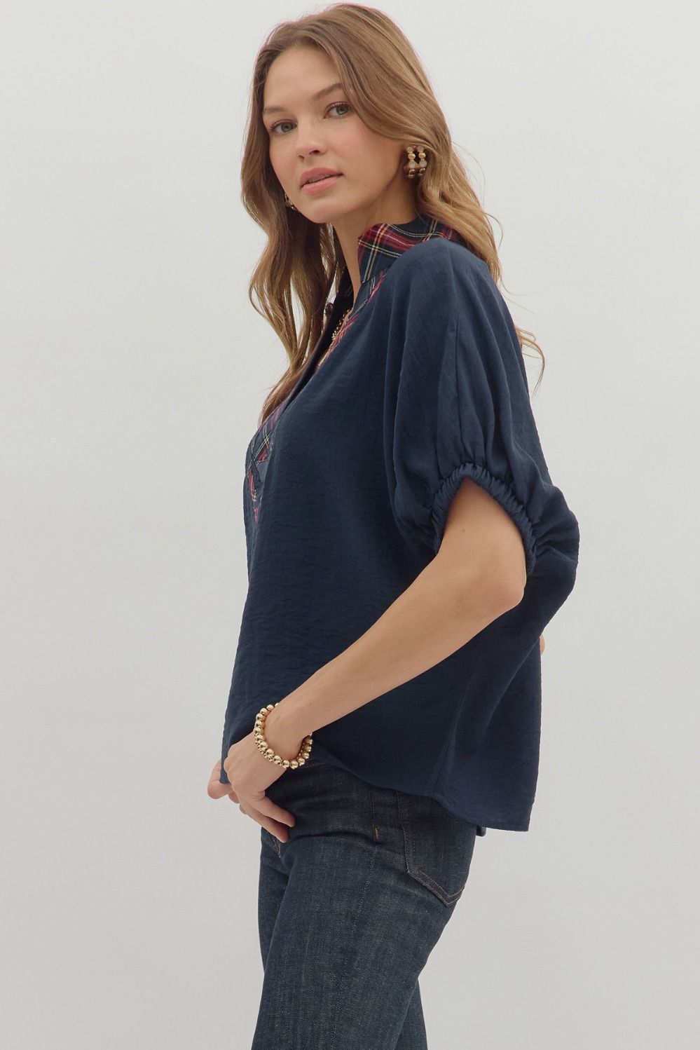 Navy Dolman Top Featuring Plaid Band Accent image 3