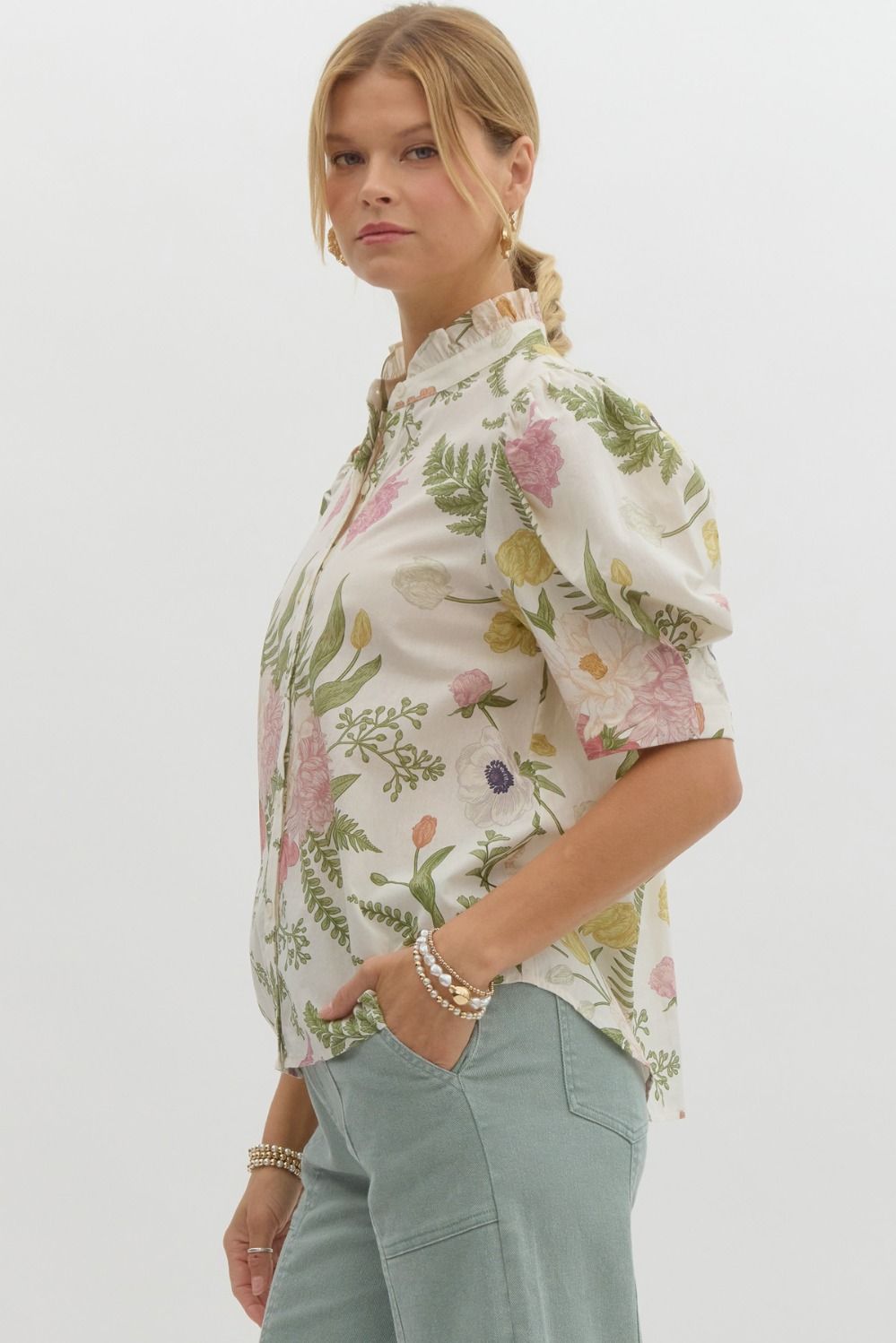 Floral Print Ruffled Neck Top image 3