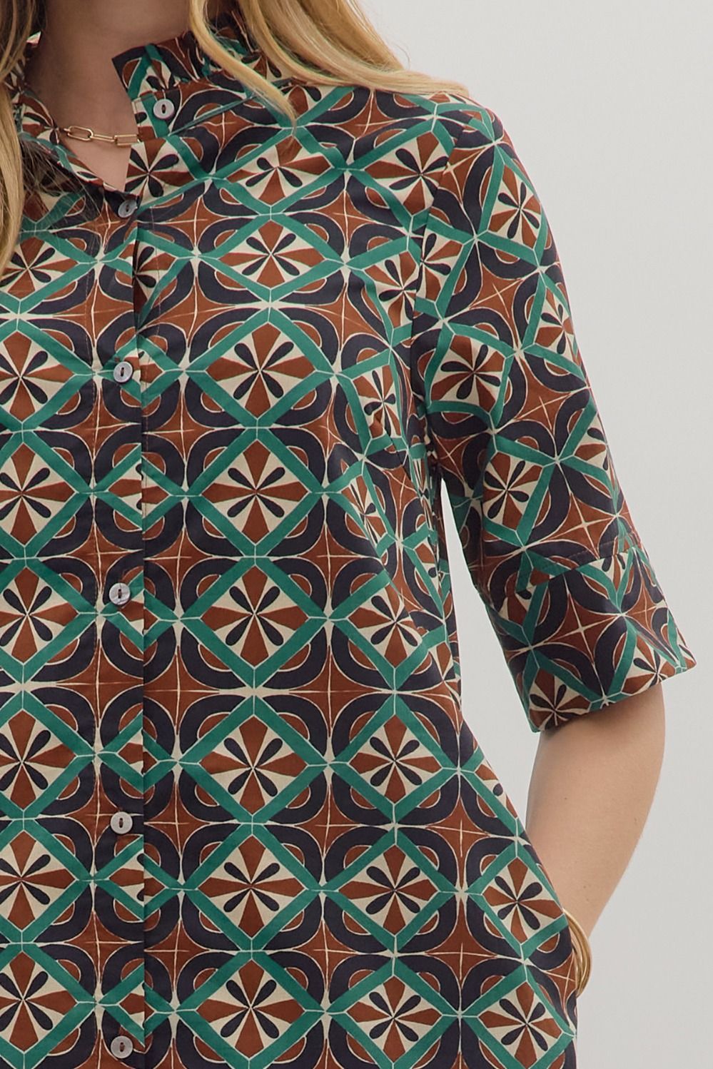 Brown/Teal Geometric Print SS Midi image 2