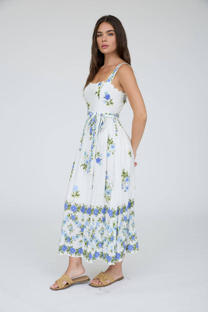 FLORAL BORDER PATTERN BELT STRAP MIDI DRESS