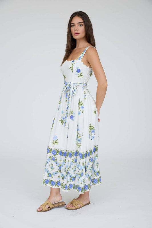 FLORAL BORDER PATTERN BELT STRAP MIDI DRESS