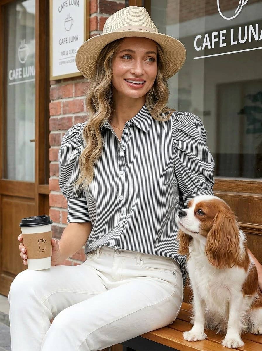 Stripe Print Collared Neck Short Puff Sleeve Blouse