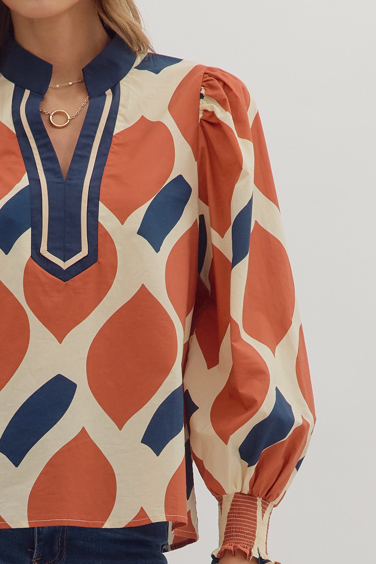 Rust/Navy LS abstract print top image 3