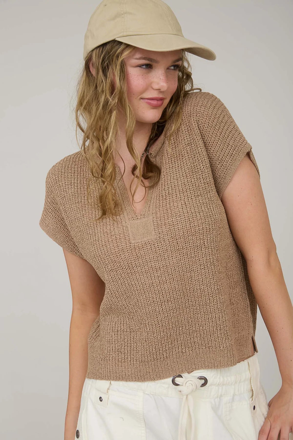 Tan Split Neck Short Sleeve Pullover image 2