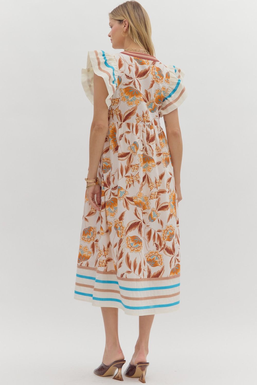 Cream Floral Print Flutter Sleeve Midi Dress image 2