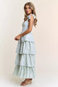 Blue Floral Tiered Midi Dress with Tie Straps
