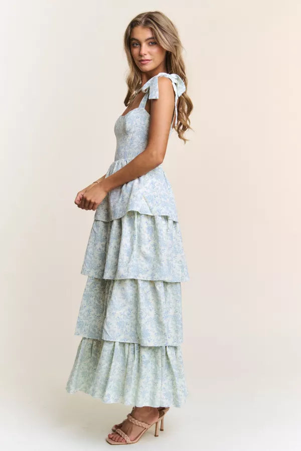 Blue Floral Tiered Midi Dress with Tie Straps