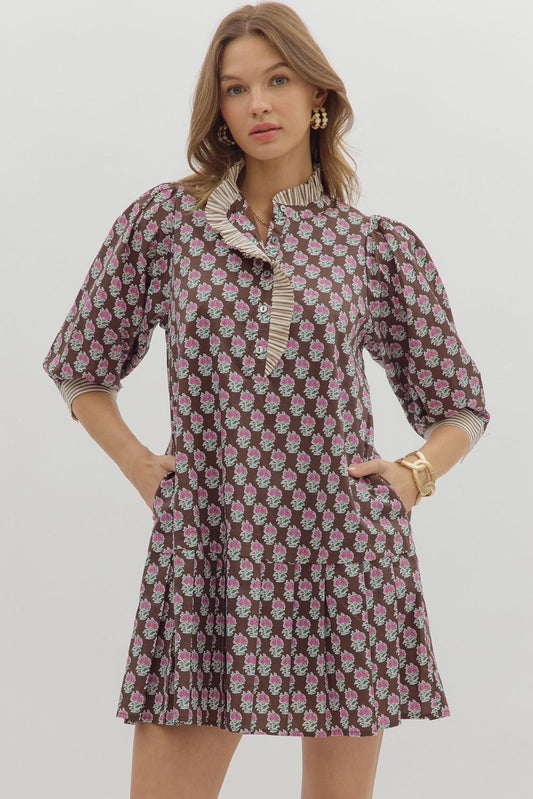 Brown & Pink 3/4 Sleeve Floral Mini Dress image 1