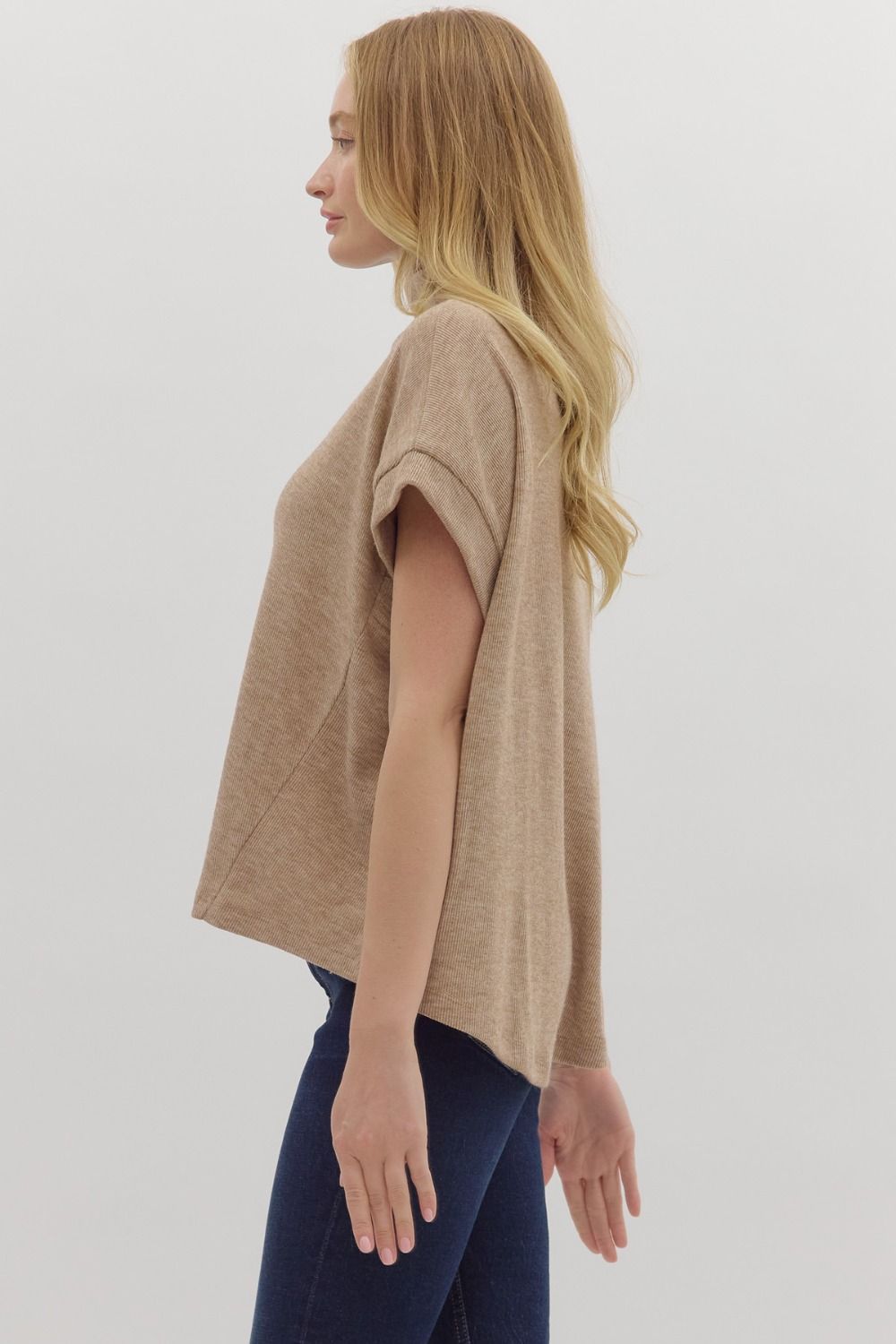 Taupe Solid SS Mock Neck Top Rolled Cuffs image 4