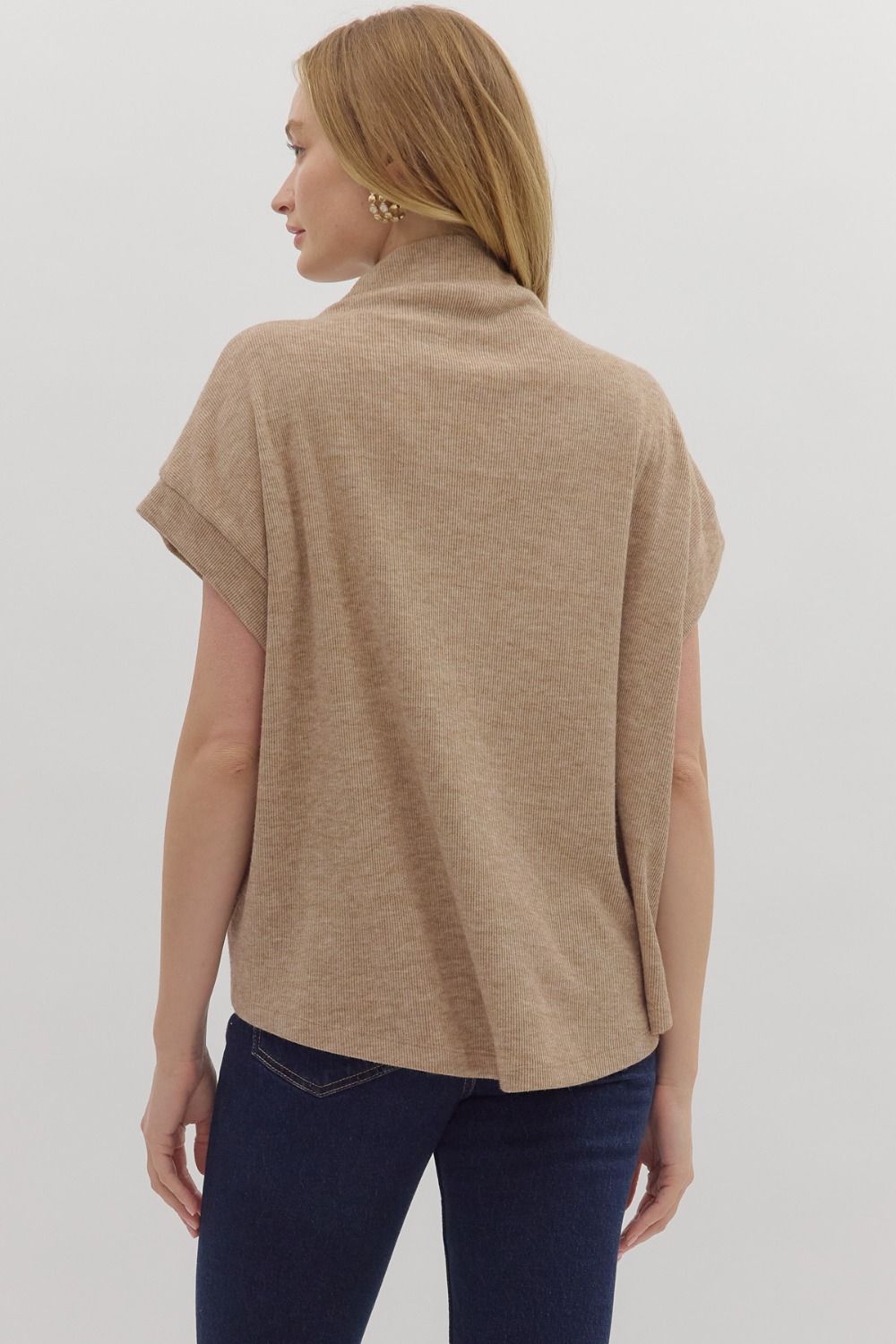 Taupe Solid SS Mock Neck Top Rolled Cuffs image 5