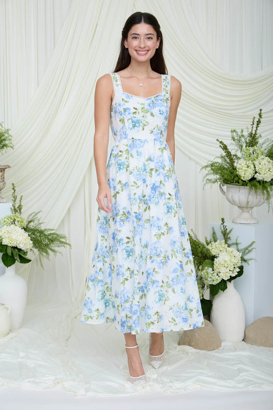 Floral Eyelet Scallop Trim Midi Dress