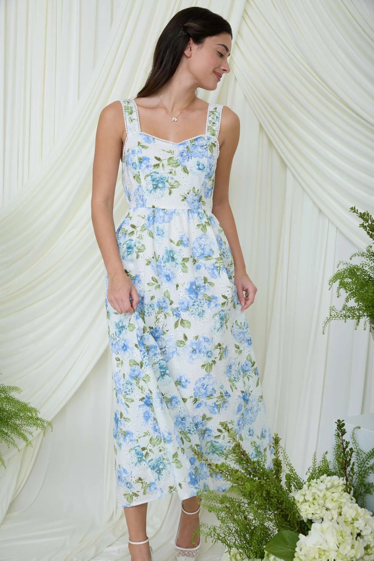 Floral Eyelet Scallop Trim Midi Dress