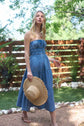 Denim Strapless Tiered Midi Dress
