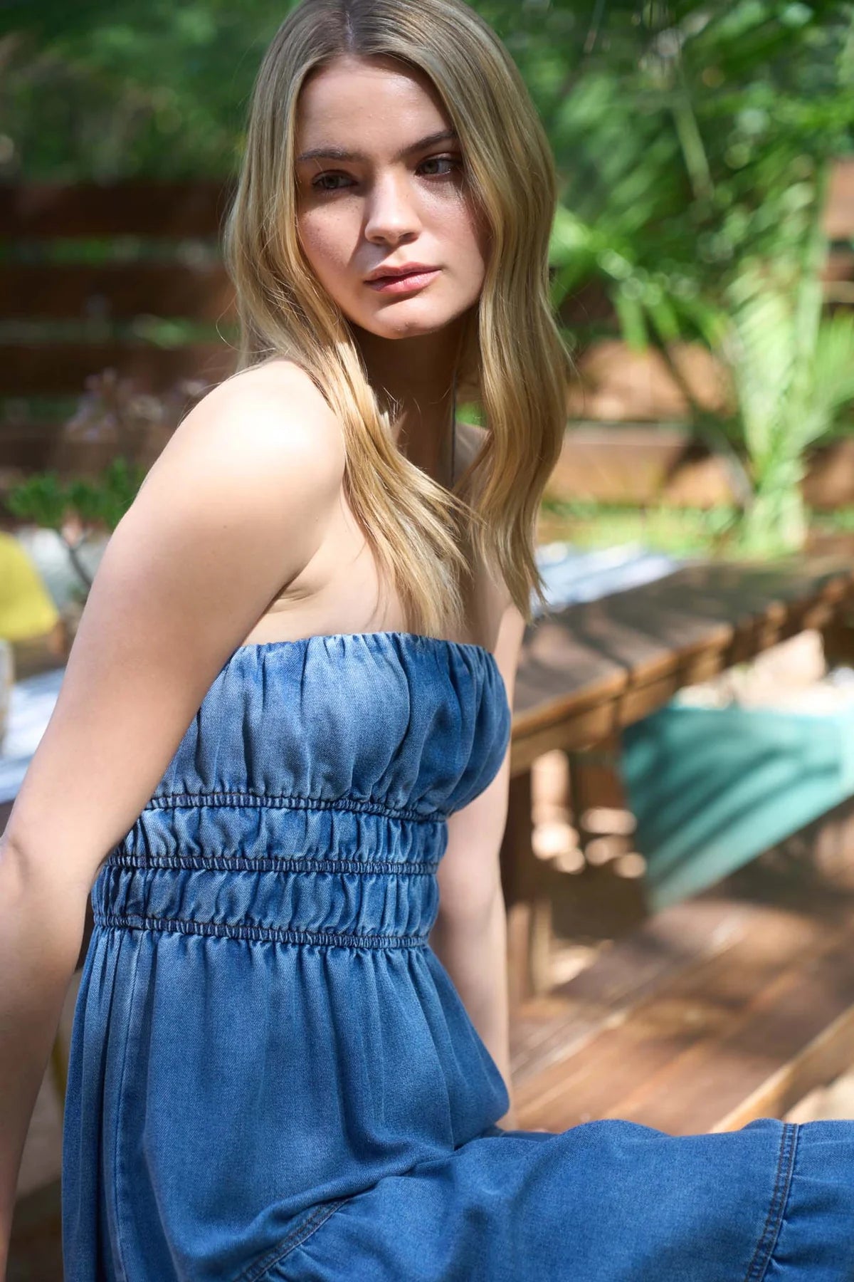Denim Strapless Tiered Midi Dress