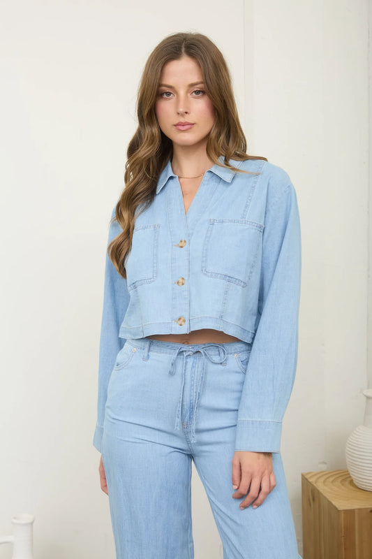 WASHED DENIM LONG SLEEVE CROP TOP