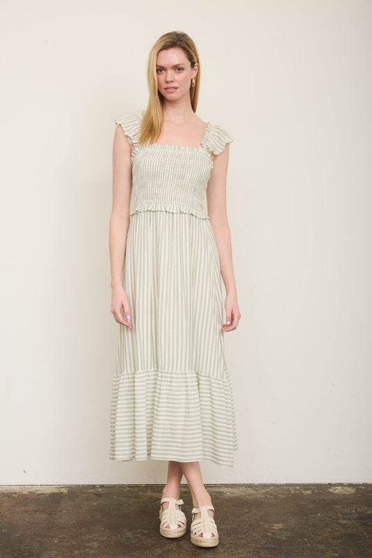 Sage Stripe Smocked Ruffle Trim Midi