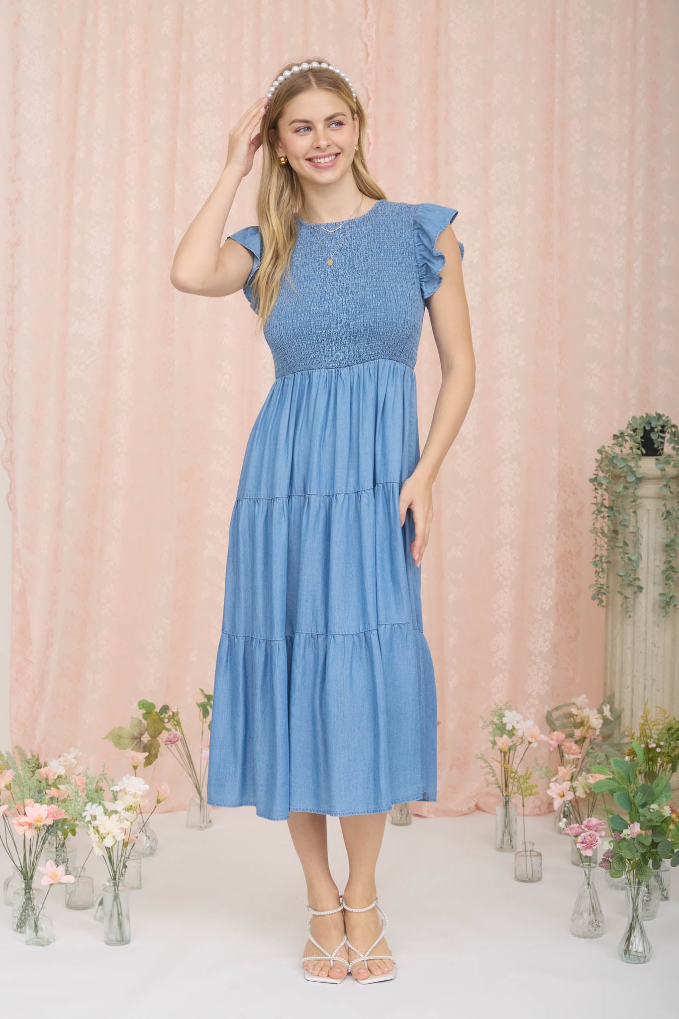 Denim Ruffle Sleeve Tiered Midi
