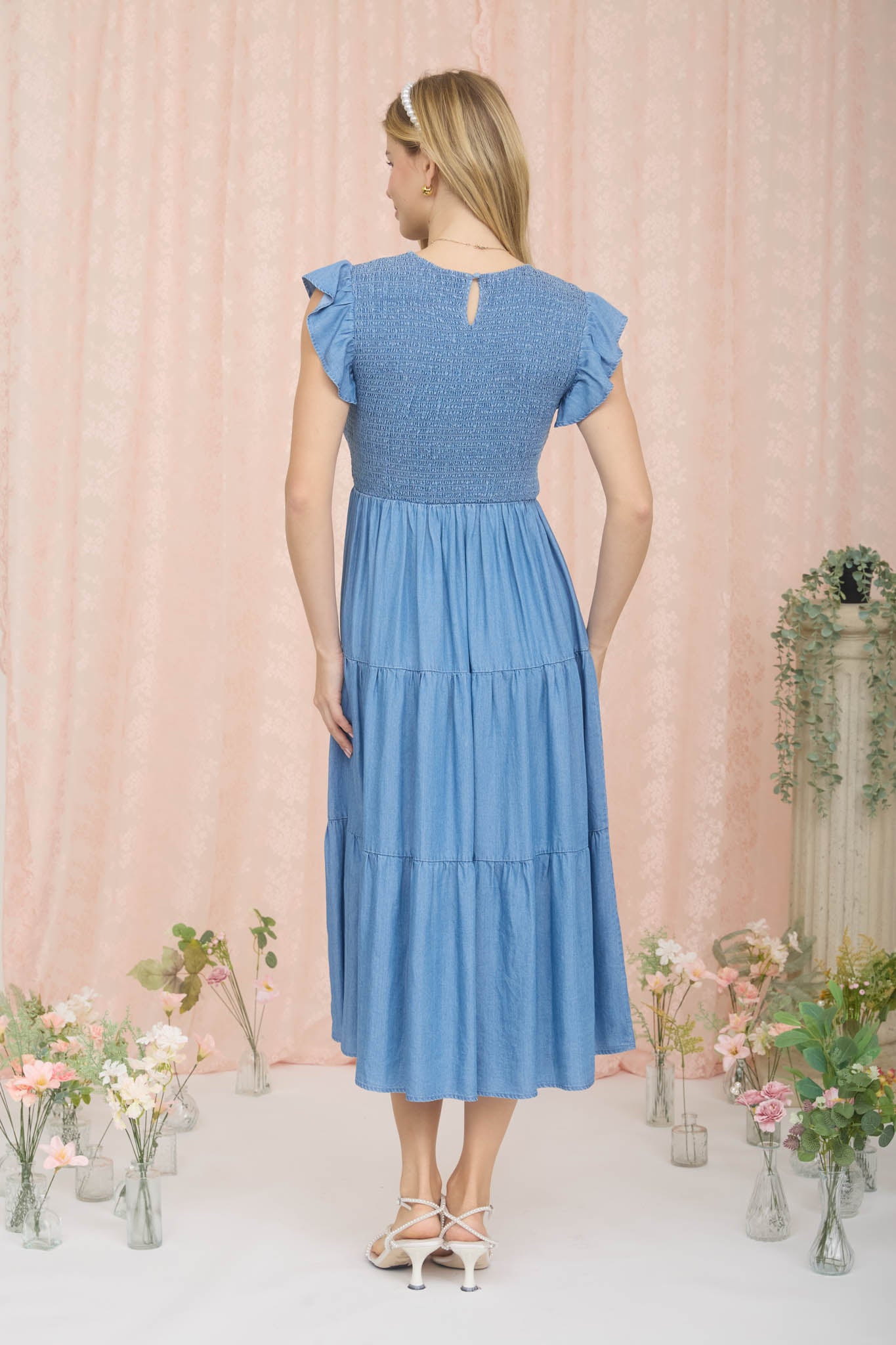 Denim Ruffle Sleeve Tiered Midi