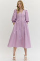 Solid 3/4 Sleeve Smocked Front Zip Midi