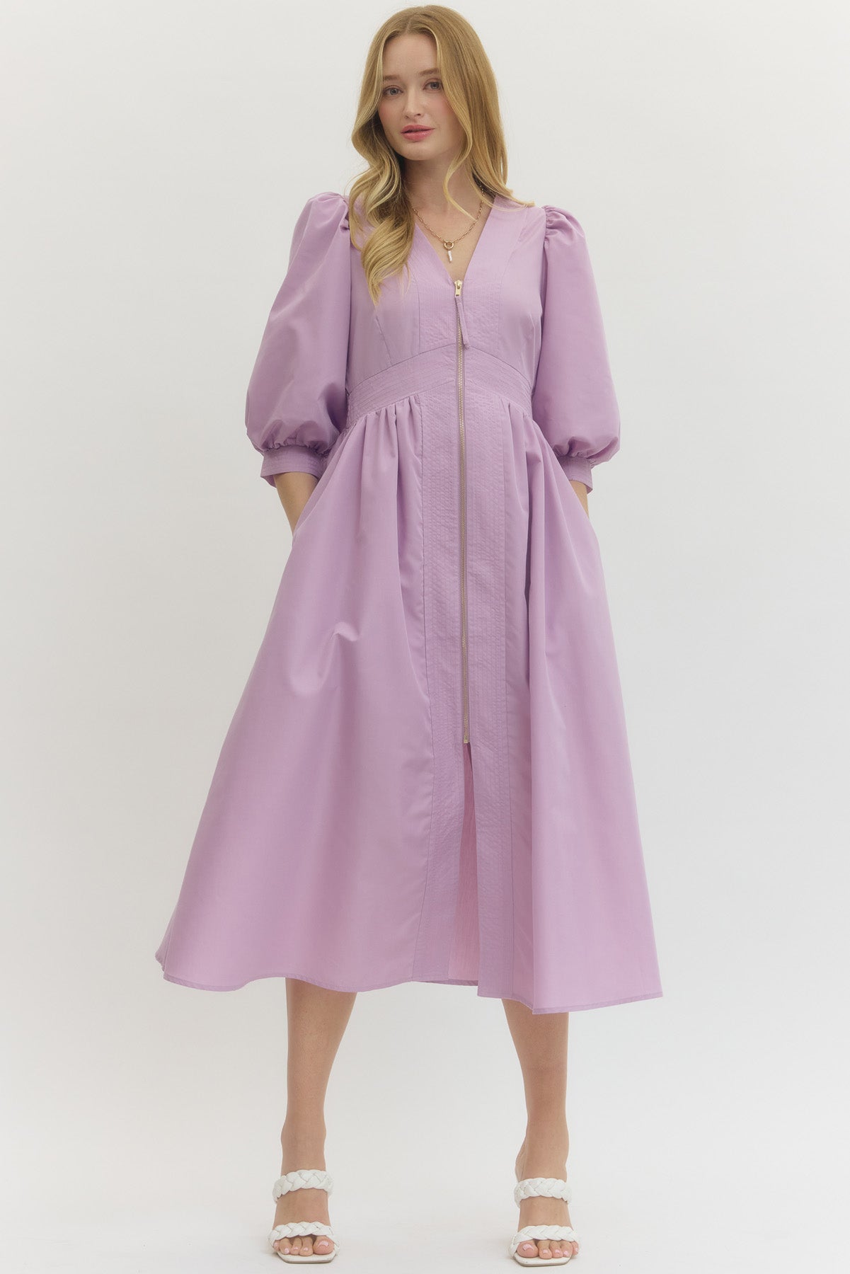 Solid 3/4 Sleeve Smocked Front Zip Midi