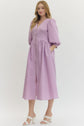 Solid 3/4 Sleeve Smocked Front Zip Midi