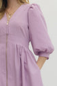 Solid 3/4 Sleeve Smocked Front Zip Midi