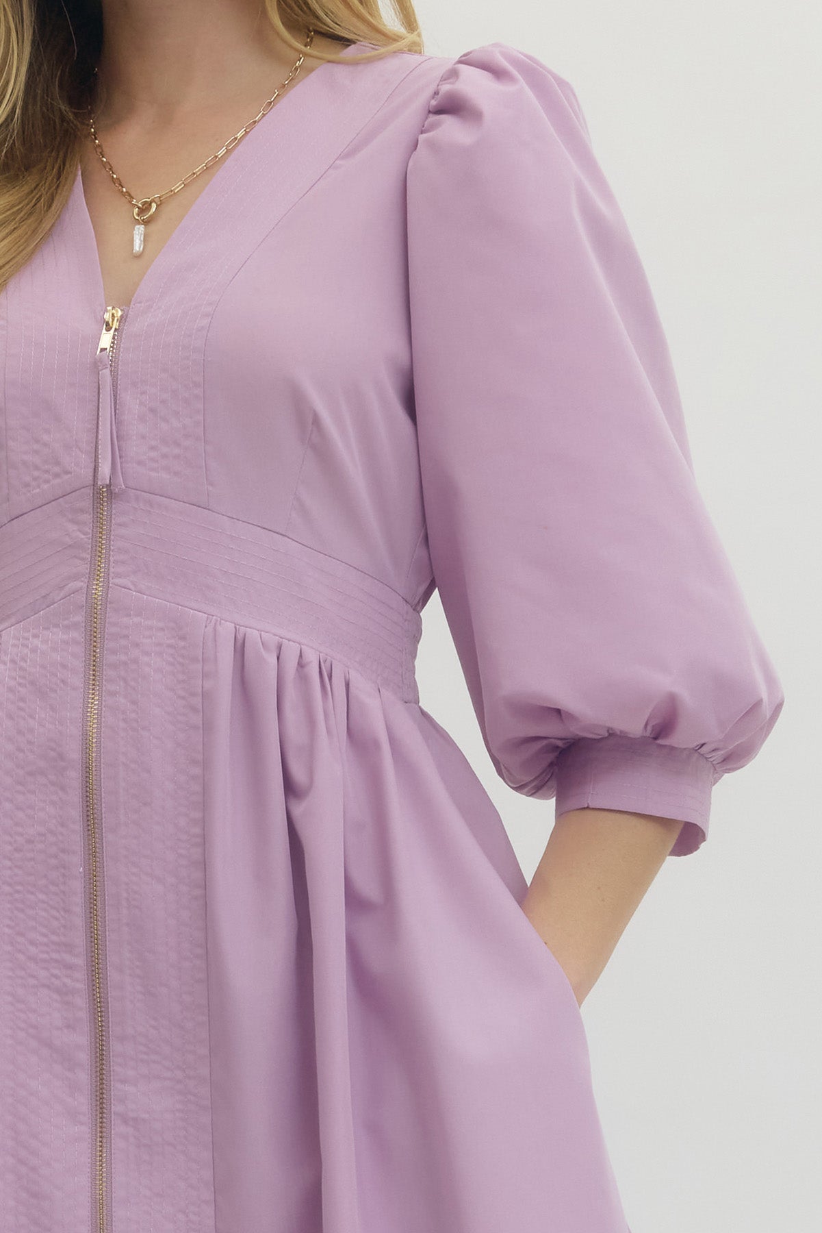 Solid 3/4 Sleeve Smocked Front Zip Midi