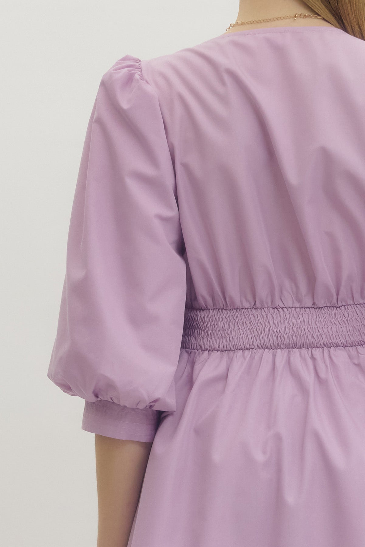 Solid 3/4 Sleeve Smocked Front Zip Midi