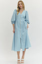 Solid 3/4 Sleeve Smocked Front Zip Midi