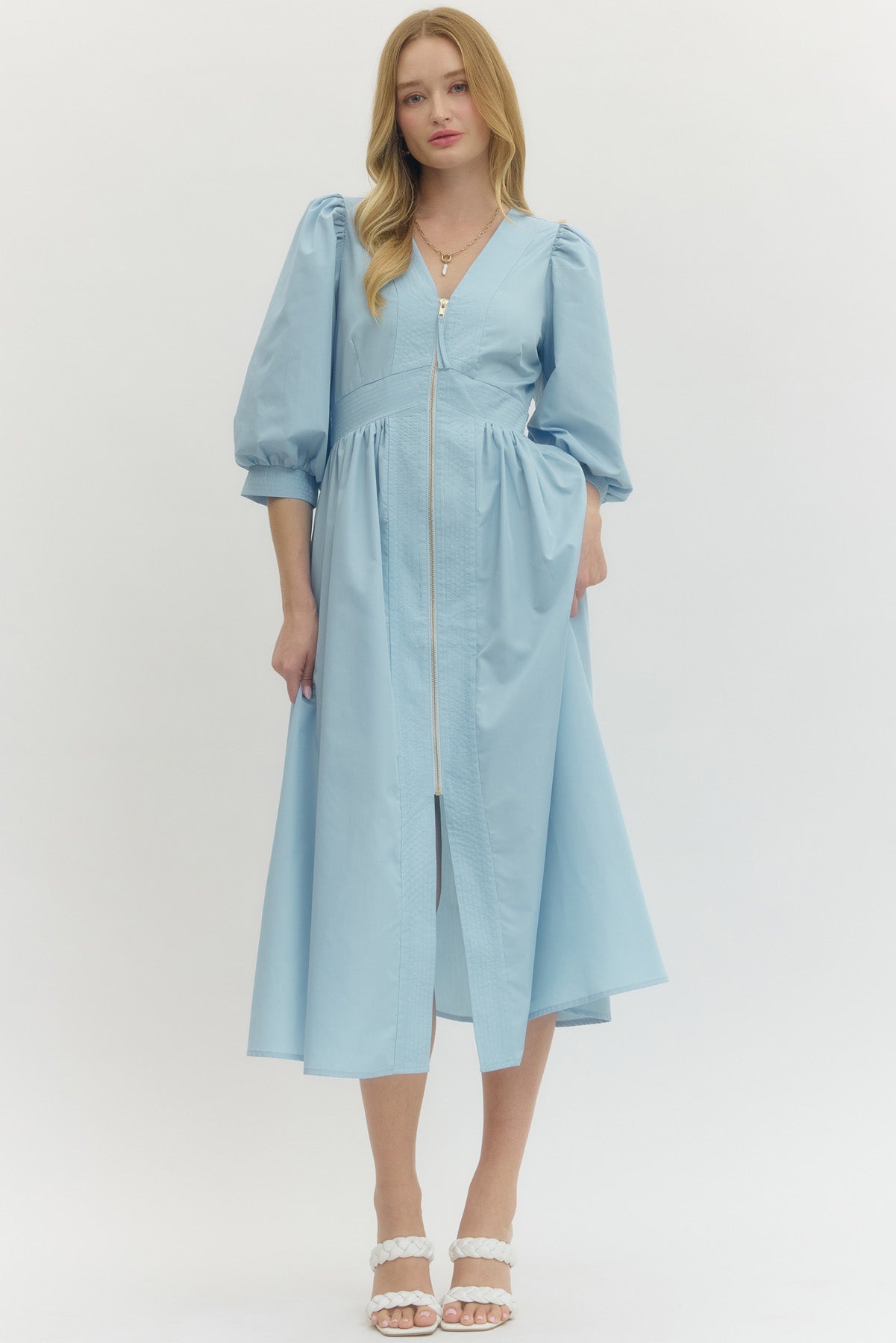 Solid 3/4 Sleeve Smocked Front Zip Midi