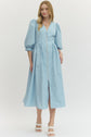 Solid 3/4 Sleeve Smocked Front Zip Midi