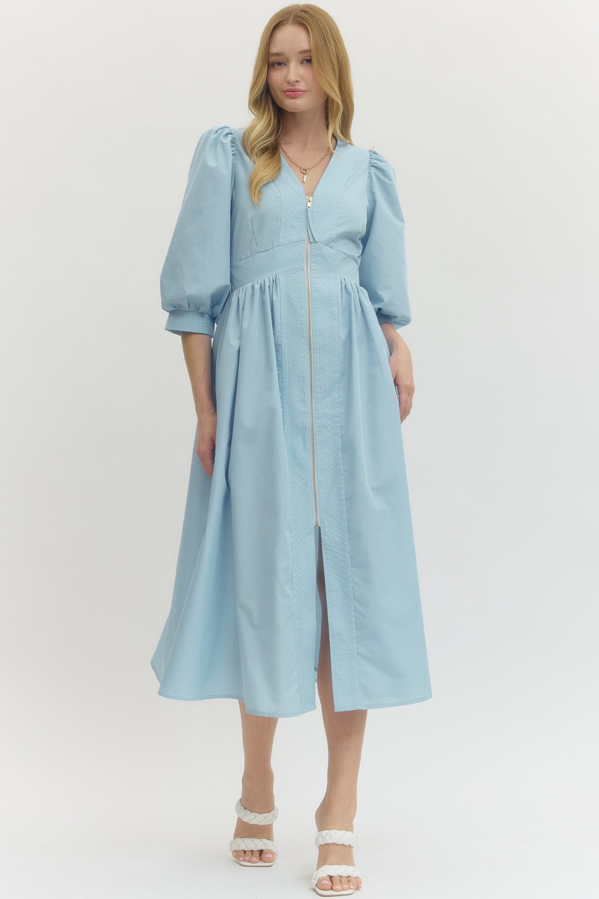 Solid 3/4 Sleeve Smocked Front Zip Midi