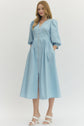 Solid 3/4 Sleeve Smocked Front Zip Midi