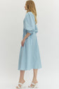 Solid 3/4 Sleeve Smocked Front Zip Midi