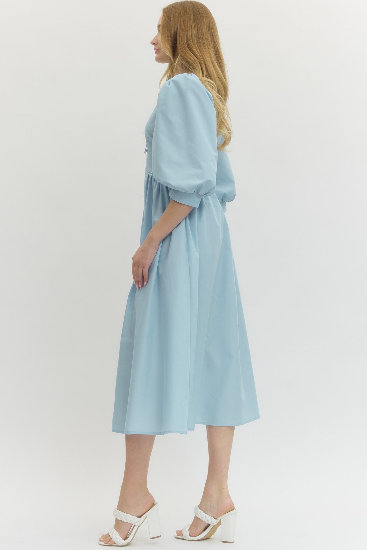 Solid 3/4 Sleeve Smocked Front Zip Midi