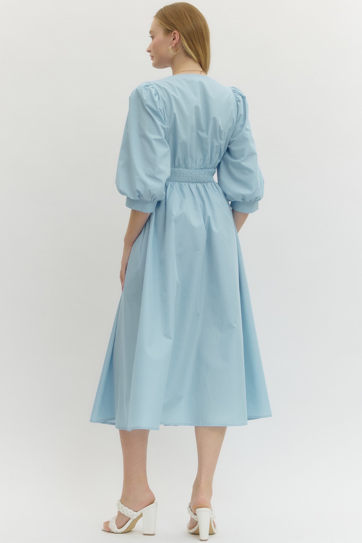 Solid 3/4 Sleeve Smocked Front Zip Midi