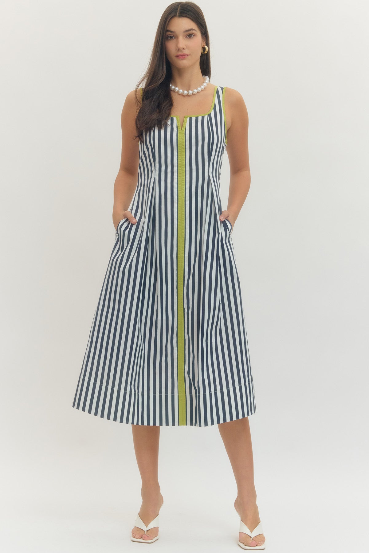 Floral stripe print short puff sleeve midi dress