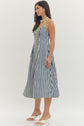 Floral stripe print short puff sleeve midi dress
