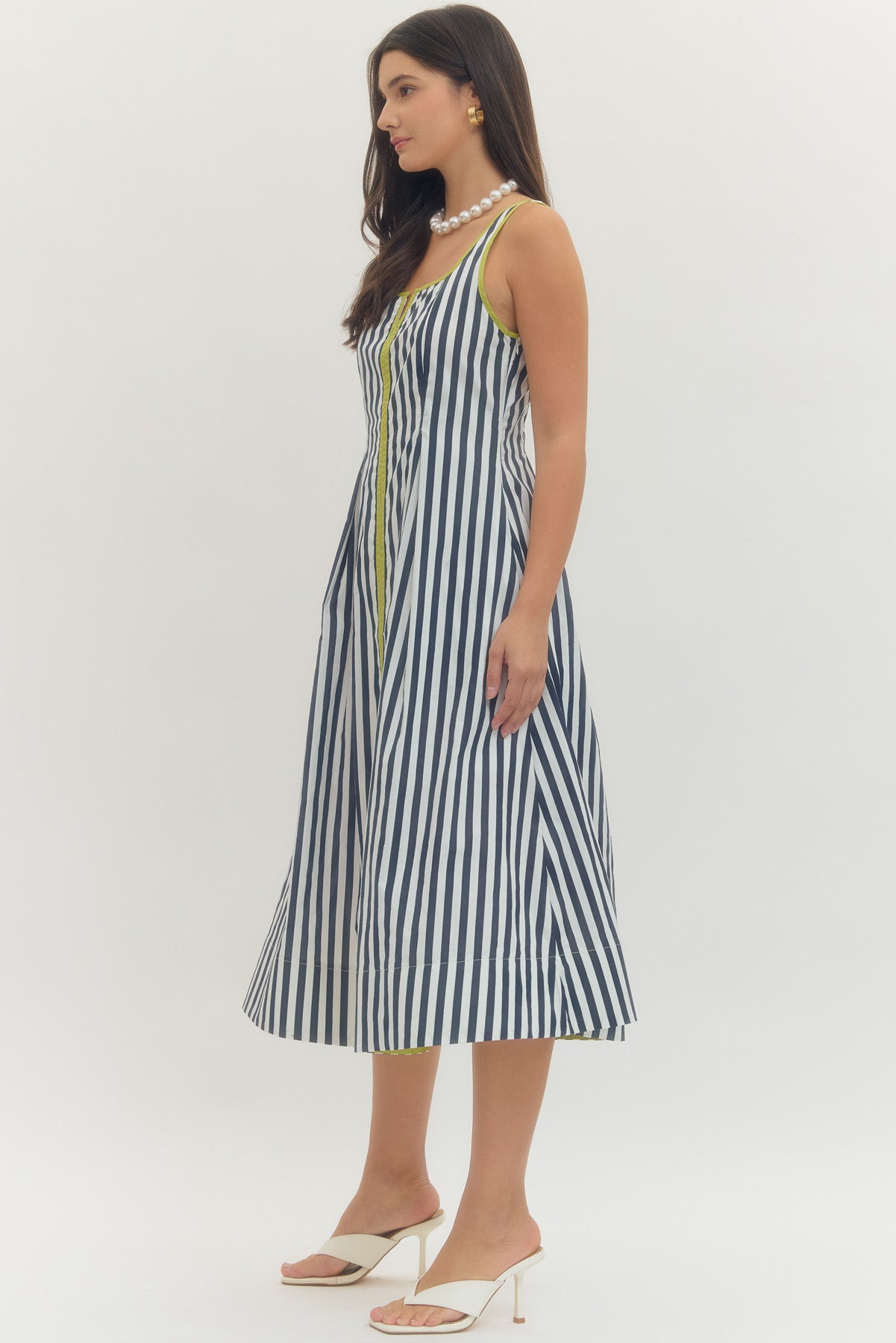 Floral stripe print short puff sleeve midi dress